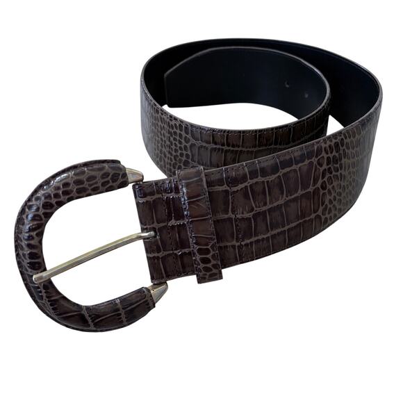 Vintage Croc Embossed Genuine Leather Belt Brown Wide Mob Wife Western Retro Y2K - Picture 1 of 8